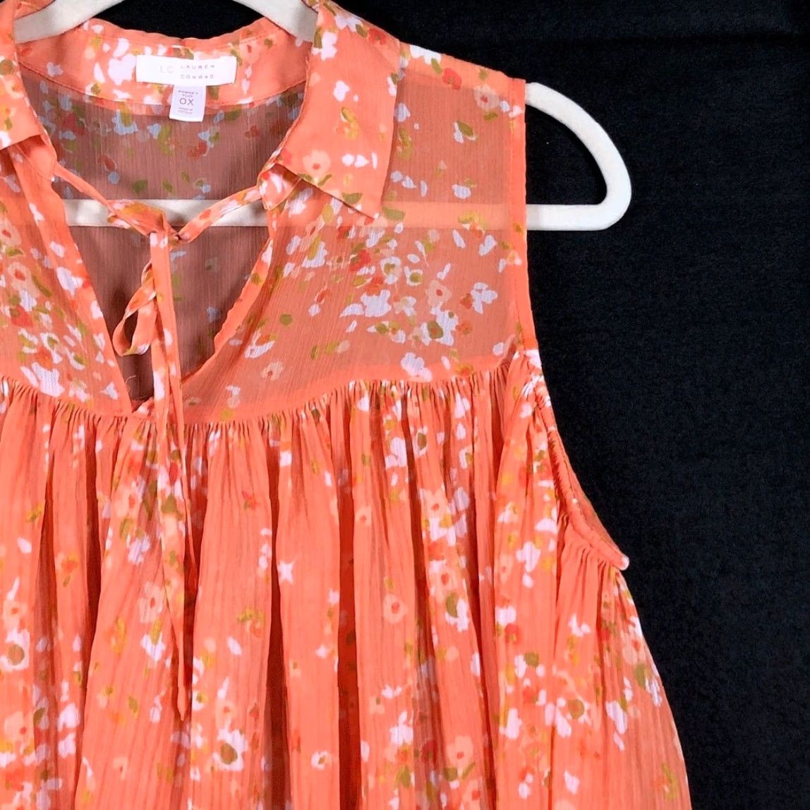Lauren Conrad VINTAGE LC Lauren Conrad Blouse Womens Sleeveless Floral V-Neck 0X Orange White Pleated Popover Pullover Size XL / US 12-14 / IT 48-50 - 5 Thumbnail