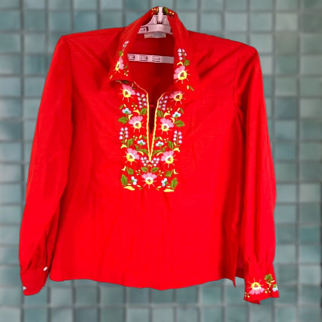 Vintage Vintage Lily Floral Blouse V Neck Embroidered Bell Sleeve Womens L Orange Shirt / Top Size L / US 10 / IT 46 - 1 Thumbnail