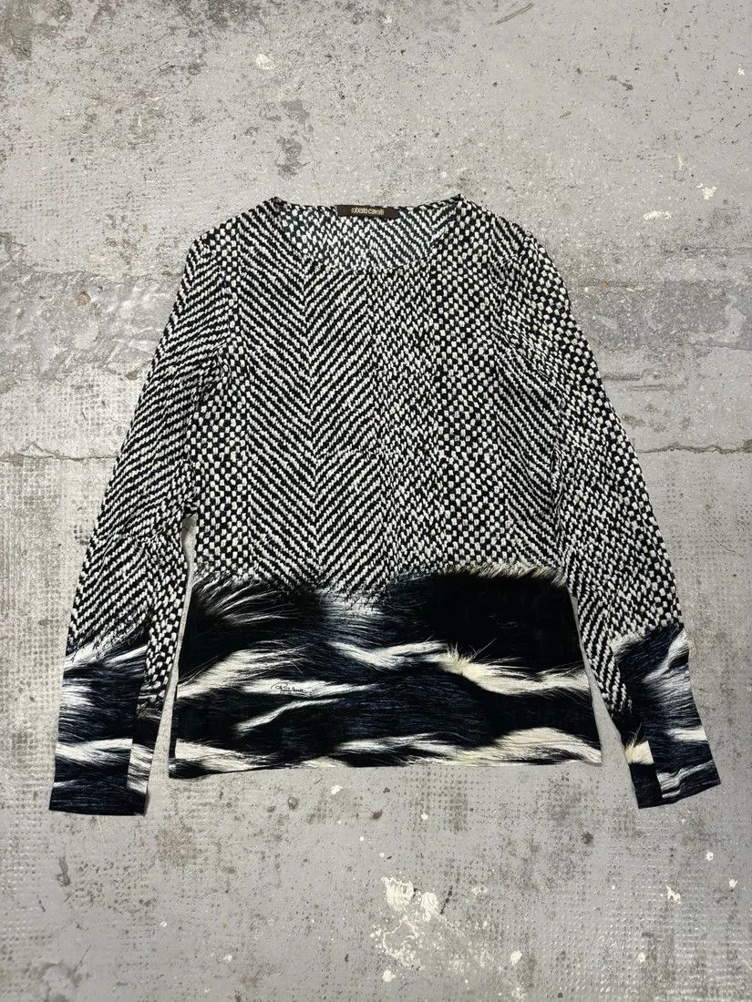 Designer × Roberto Cavalli × Vintage 2000s Roberto Cavalli Black & White Long Fur Print Longsleeves Size US S / EU 44-46 / 1 - 4 Thumbnail