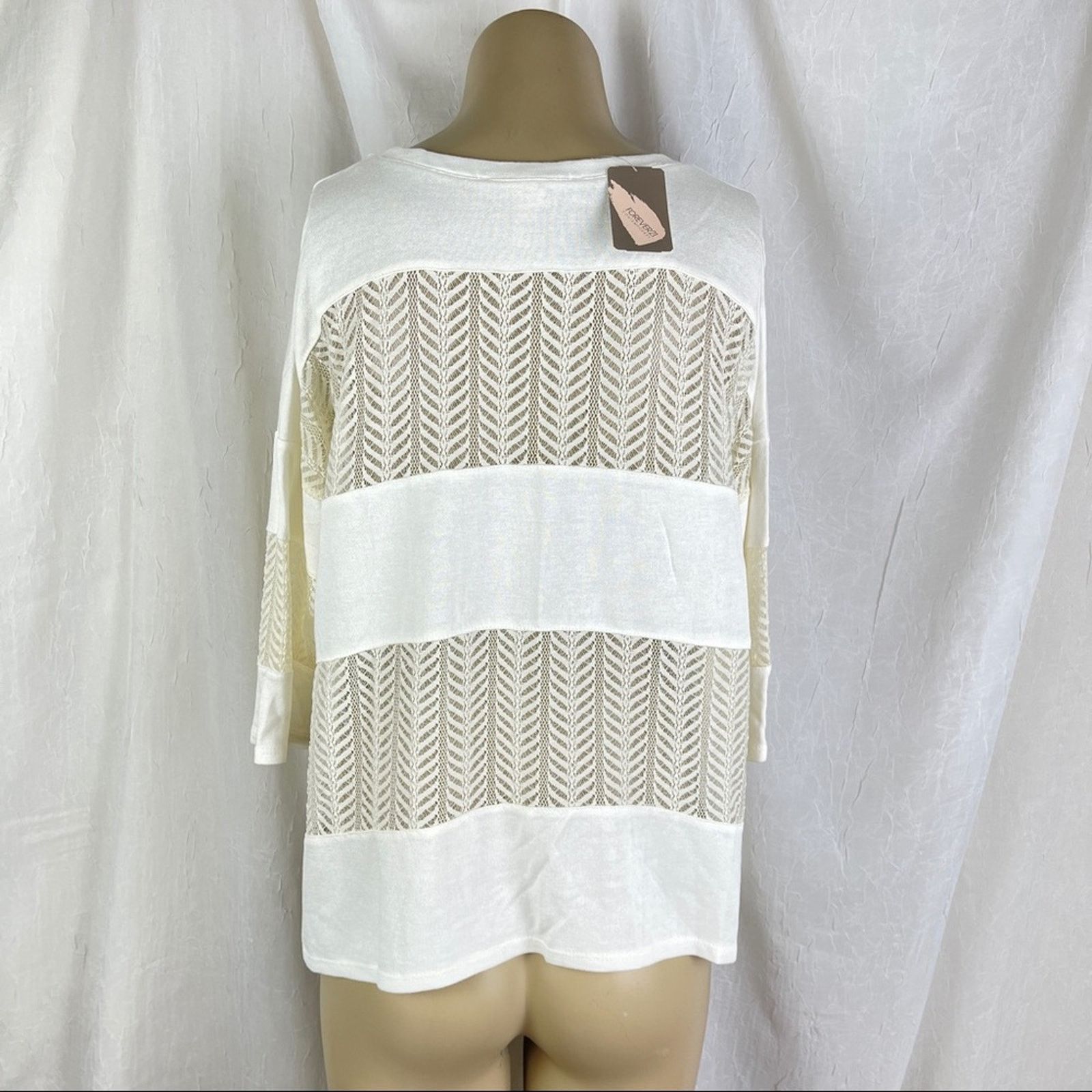 Forever 21 Cream Lace Panel Shirt Flowy Slouchy Boho 3/4 Sleeves NWT XS Size XS / US 0-2 / IT 36-38 - 10 Thumbnail
