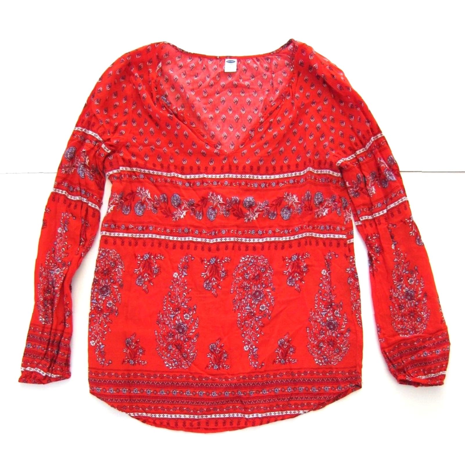 Old Navy Old Navy Blouse (M) Peasant Tunic Floral Long Sleeve Red White Blue 100% Rayon Womens Shirt Size M / US 6-8 / IT 42-44 - 2 Thumbnail