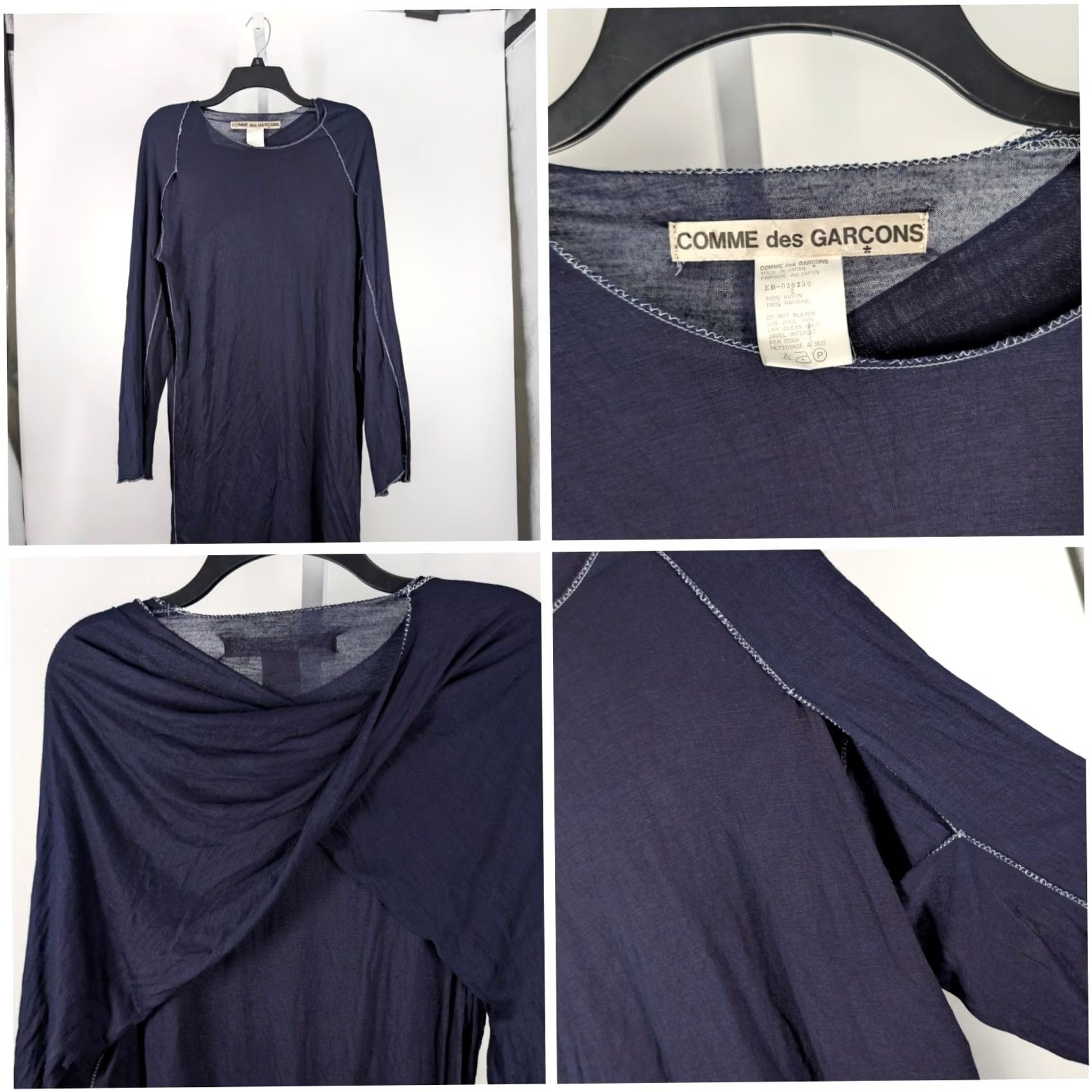 Comme des Garcons Girl VINTAGE Comme des Garçons Mainline Knit Tunic Dress Navy Blue Rayon Jersey Layered Knotted Back 90s Womens M Size M / US 6-8 / IT 42-44 - 2 Thumbnail