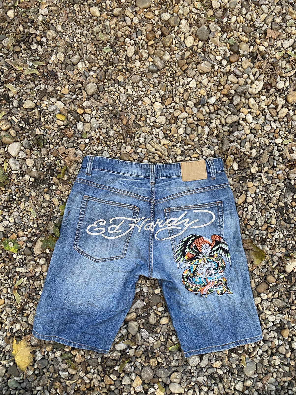 Ed Hardy × Vintage Vintage Ed Hardy Embroidered Logo Y2K Denim Shorts Size US 34 / EU 50 - 1 Thumbnail