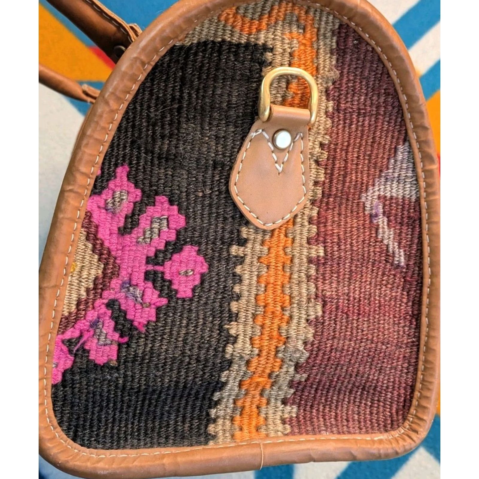 Vintage VINTAGE Durusel Hand Made Kilim Carpet Bag Purse Wool Leather Turkish 13x10" Womens Size ONE SIZE - 5 Thumbnail