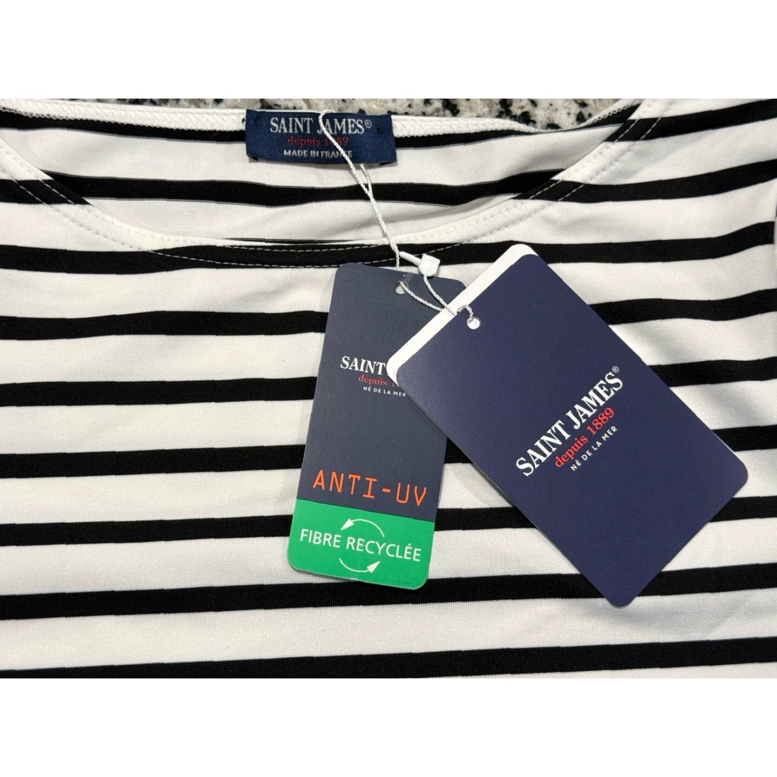 Saint James SAINT JAMES Dress Nautical Stripe Knee Length Navy White 3/4 Sleeve Round Neck Pullover Sheath/Shift Jersey 4 Womens Size S / US 4 / IT 40 - 6 Thumbnail