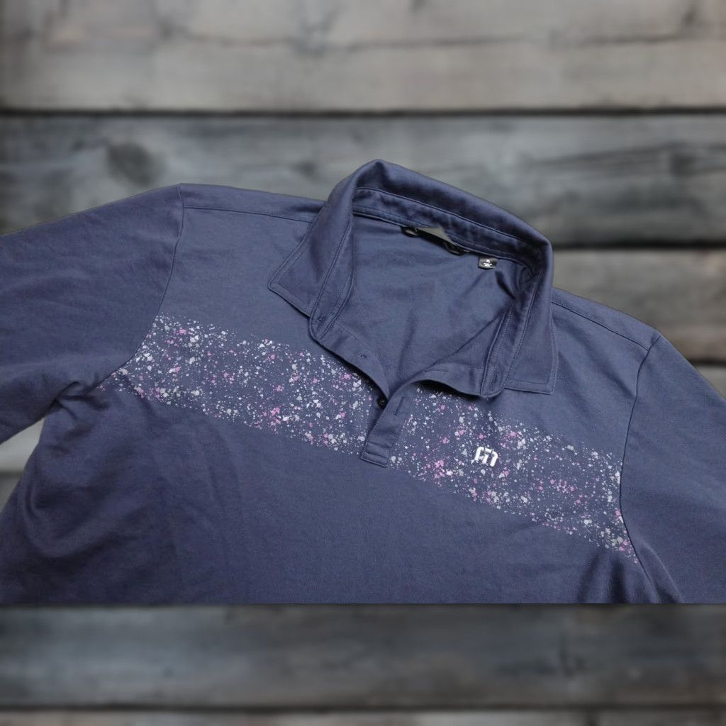 TravisMathew Travis Mathew Polo Mens XL Blue Splatter Stripe Graphic Golf Performance Short Sleeve Polo Size US XL / EU 56 / 4 - 1 Thumbnail