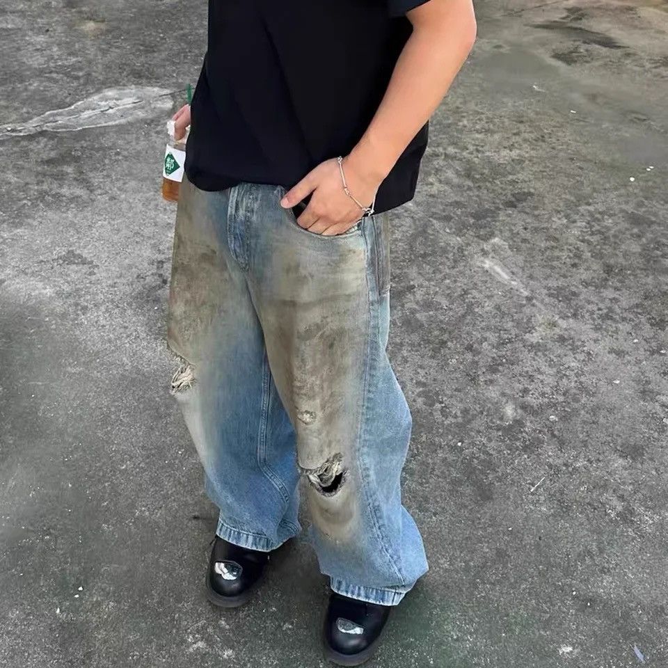 Japanese Brand × Vintage Mud Dyed Hole Baggy Jeans Hombre Frayed Ripped Trousers y2k Size US 32 / EU 48 - 3 Thumbnail