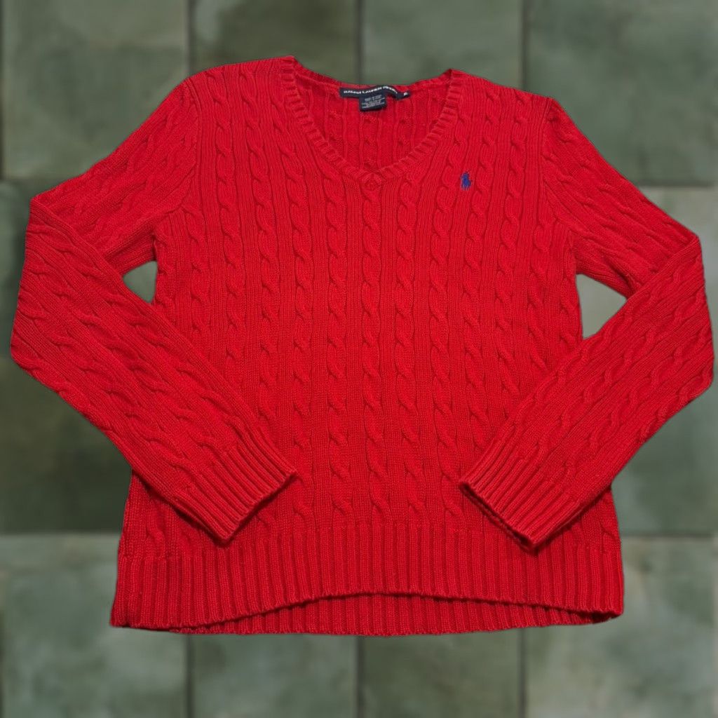 Ralph Lauren VINTAGE Ralph Lauren Sport Sweater XL Red Chunky Cable Knit V-Neck Long Sleeve Preppy Womens Size XL / US 12-14 / IT 48-50 - 1 Thumbnail