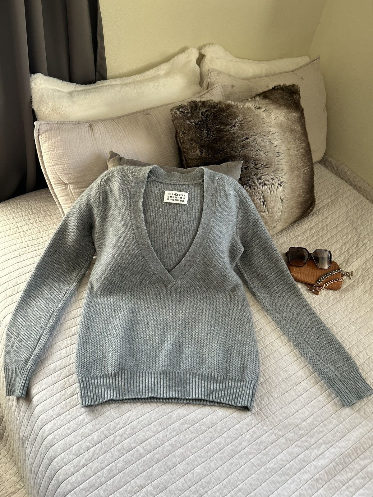 Image of Maison Margiela Grey Knitted V Neck Wool Cashmere Sweater S, Women's (Size Small)