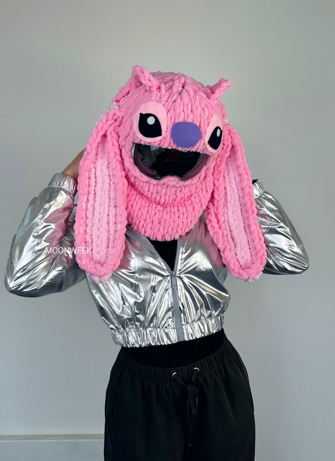 Stitch helmet cover balaclava with ears . Pink Ski mask