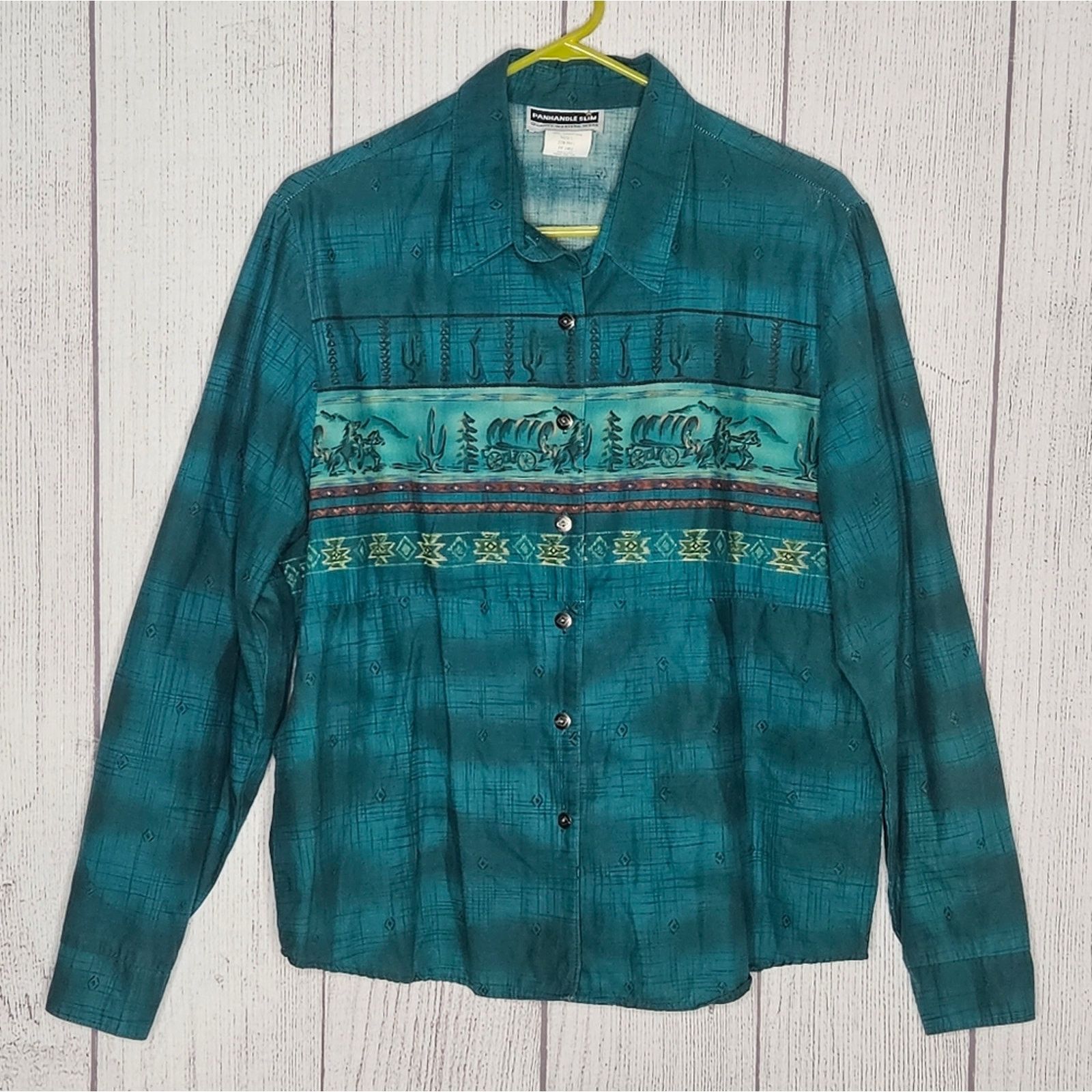 Panhandle Slim Vintage Panhandle Slim Green Wagon Horse Western Button Down Size L / US 10 / IT 46 - 1 Thumbnail