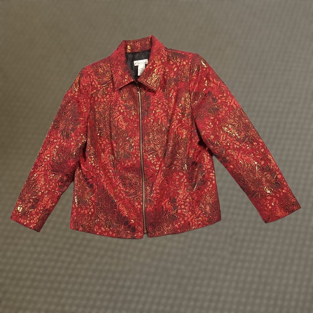 Vintage Kim Rogers Full Zip Jacket Women's 10P Petite Red Gold Shimmer Lined Floral Jacket Size L / US 10 / IT 46 - 1 Thumbnail