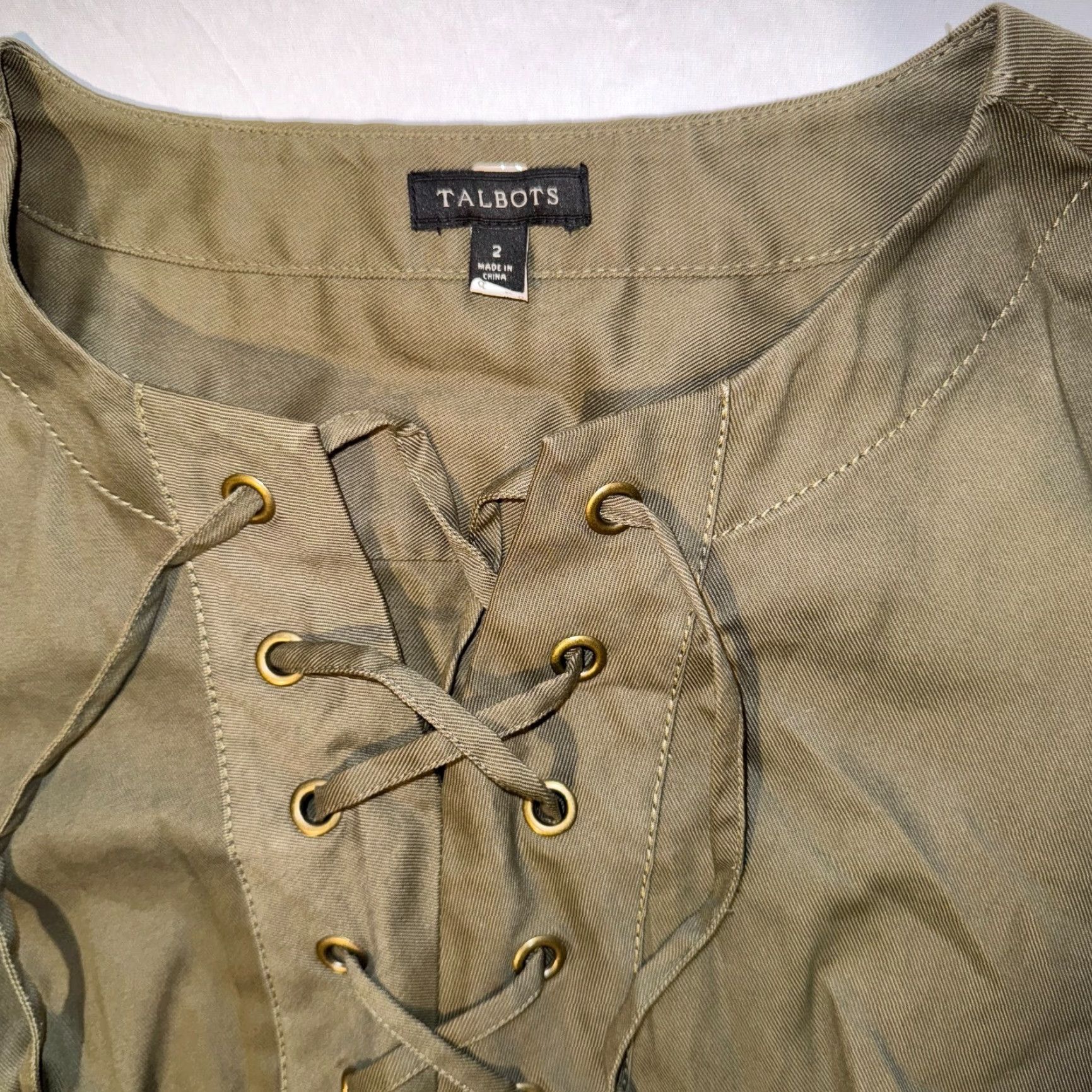 Talbots Talbots Shirt Dress 2 Lace Up Front 3/4 Sleeve Tencel Blend Knee Length Olive Green Womens/Regular Size 2 Size XS / US 0-2 / IT 36-38 - 2 Thumbnail