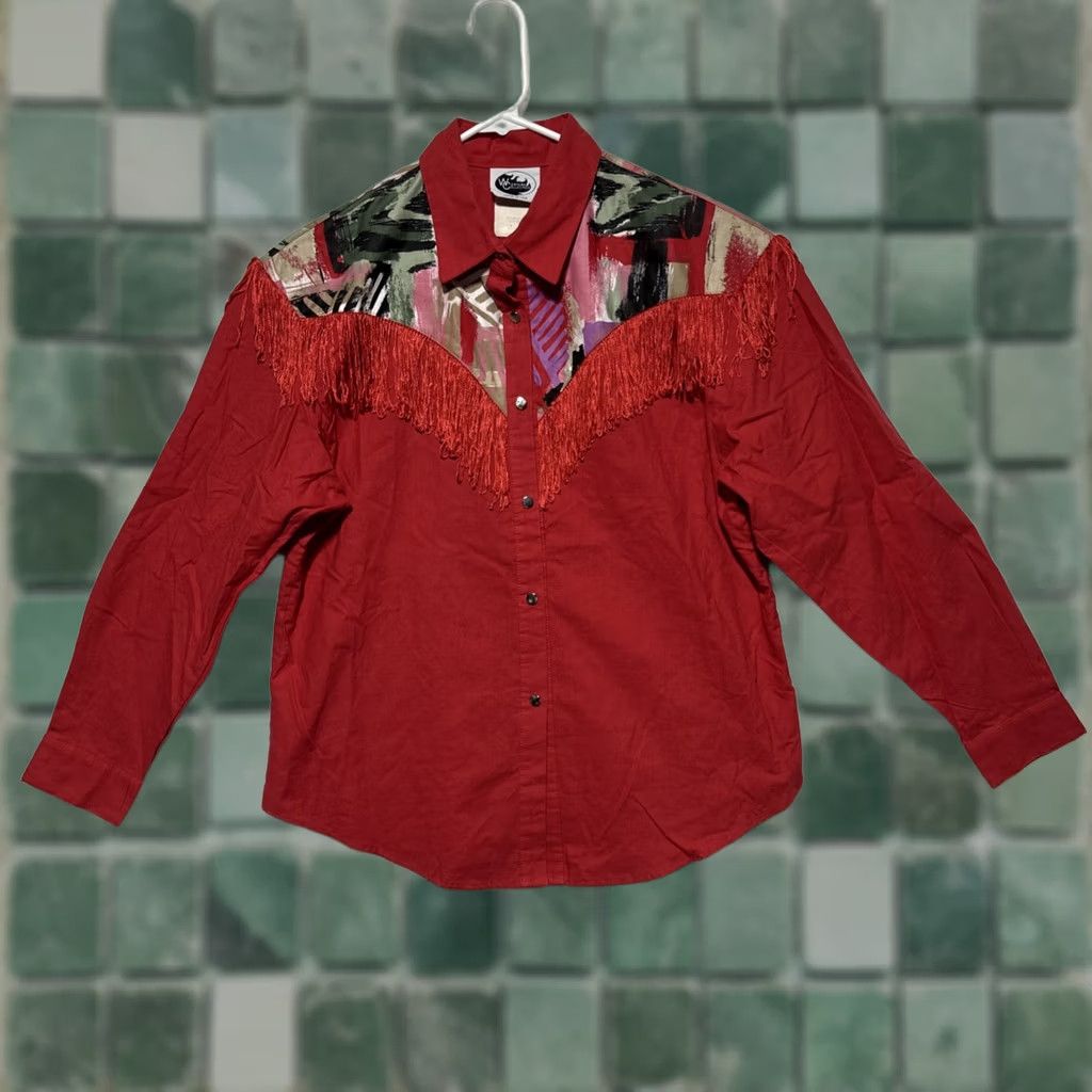 Vintage VINTAGE Western Collection Shirt Womens Fringe Western Button Down Size 18 Red Cotton 1980s 42” Chest Regular Outdoor Boys Girls Mens Womens Size ONE SIZE - 1 Thumbnail
