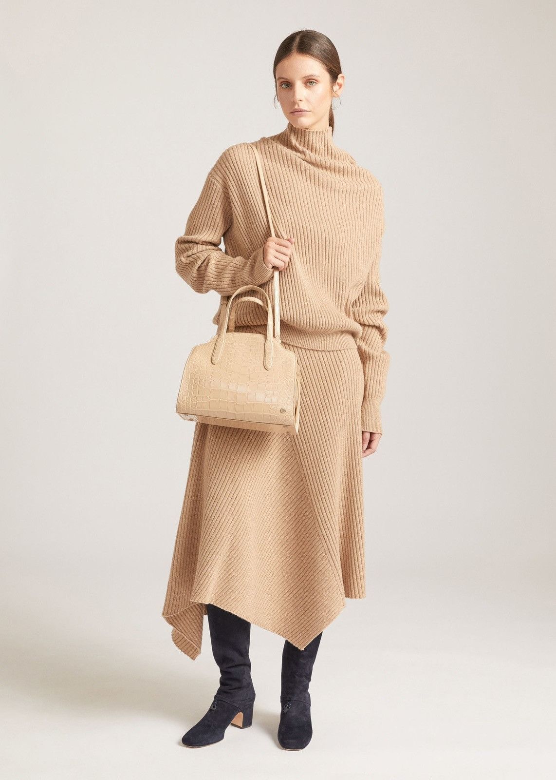 o1loc1c0224 Rib-Knit Cashmere/Baby Skirt in Beige
