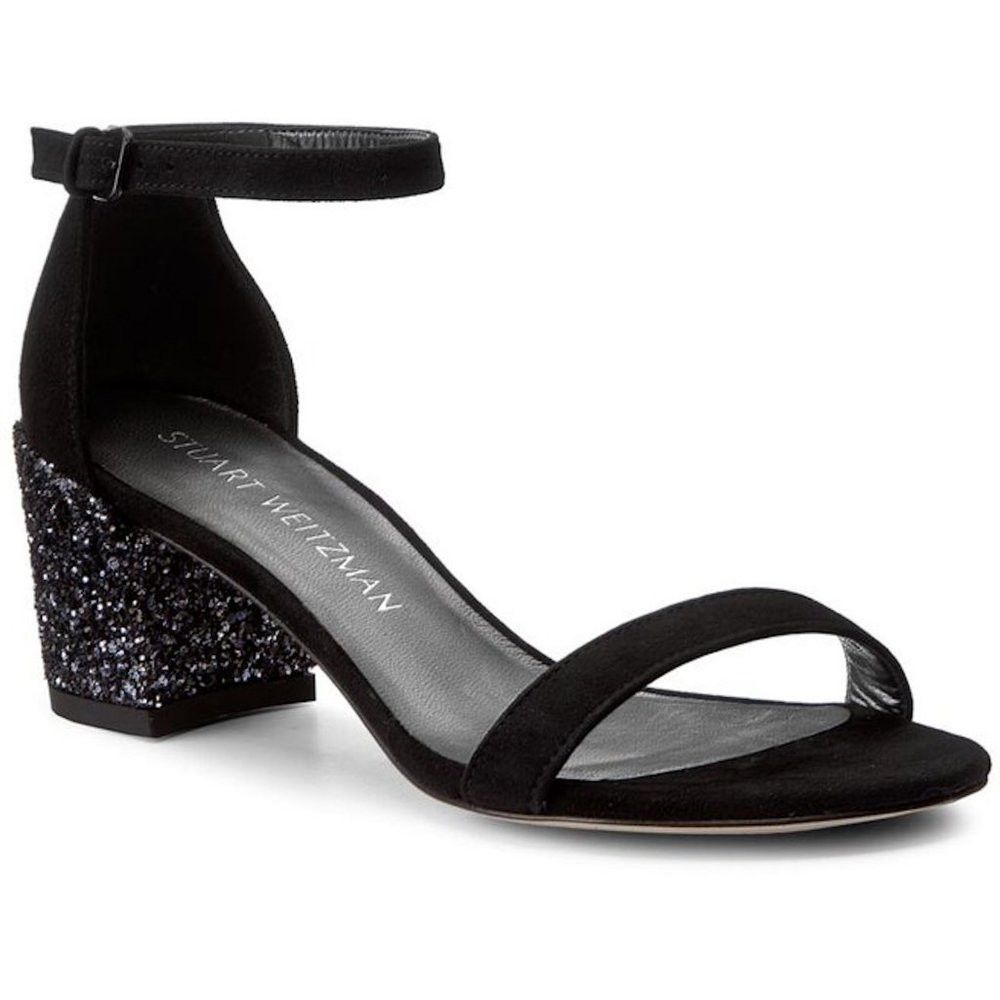 Stuart Weitzman New Stuart Weitzman Simple Black Block Glitter Heel Suede S Size US 10.5 / IT 40.5 - 2 Thumbnail