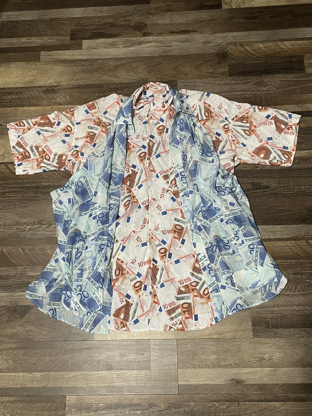 image of Balenciaga Ss18 Double Euro Print Shirt in Blue/Red, Men's (Size Large)
