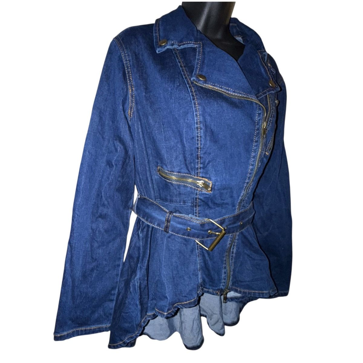 Venus Venus dark wash high low flounce hem denim biker jacket Size M / US 6-8 / IT 42-44 - 3 Thumbnail