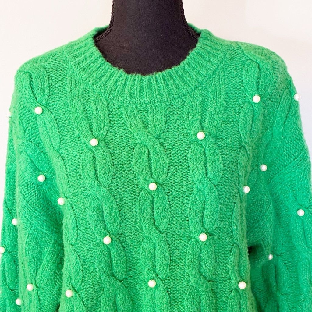Other Skies are Blue Green Cable Knit Pearl Embellished Sweater XS Size XS / US 0-2 / IT 36-38 - 13 Thumbnail