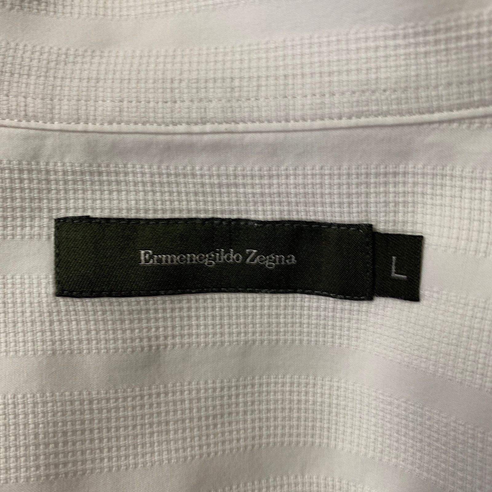 Ermenegildo Zegna ERMENEGILDO ZEGNA L White Stripe Cotton Short Sleeve Shirt Size US L / EU 52-54 / 3 - 5 Thumbnail