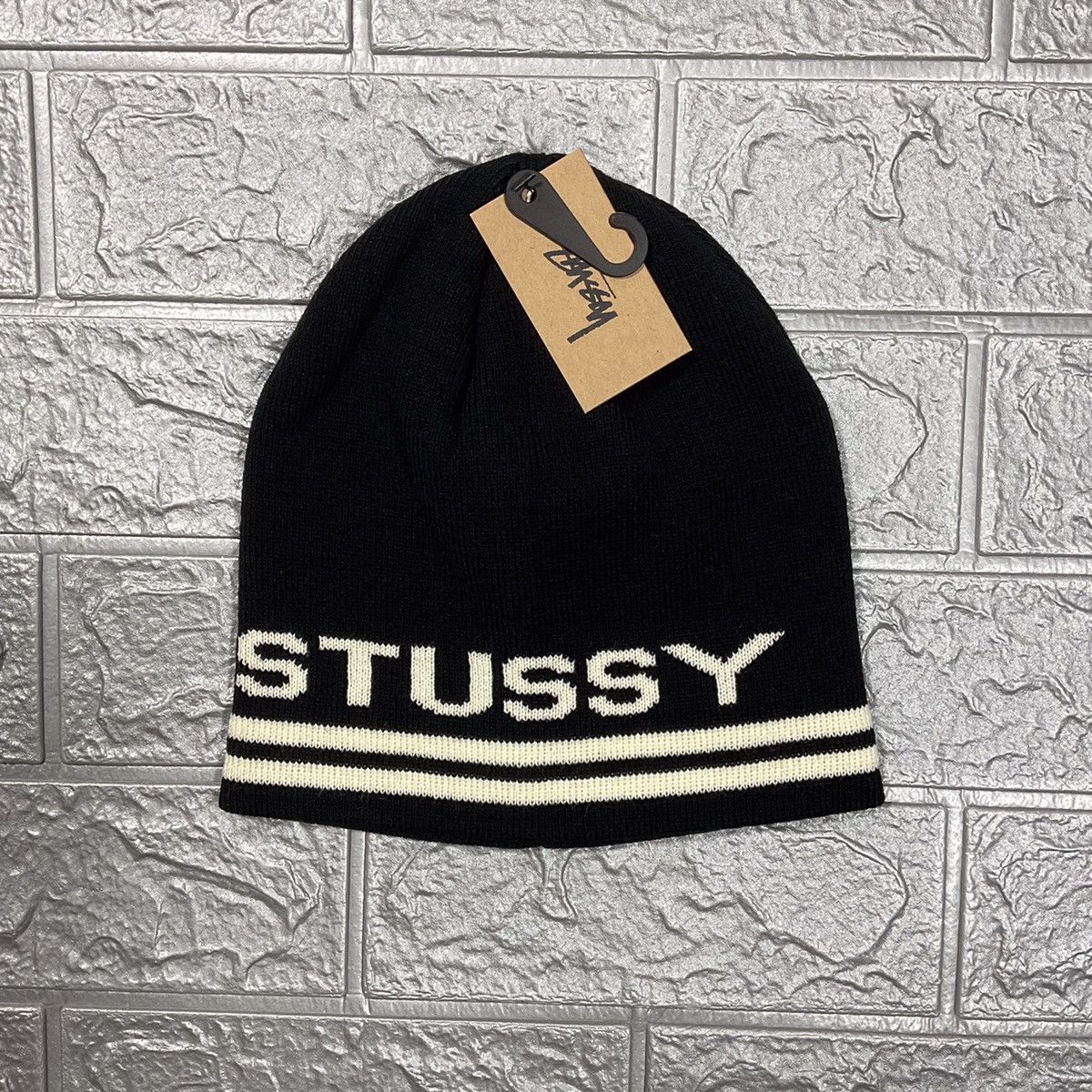 Vintage Stussy Jaquard Stripe Skullcap Beanie Black Grailed