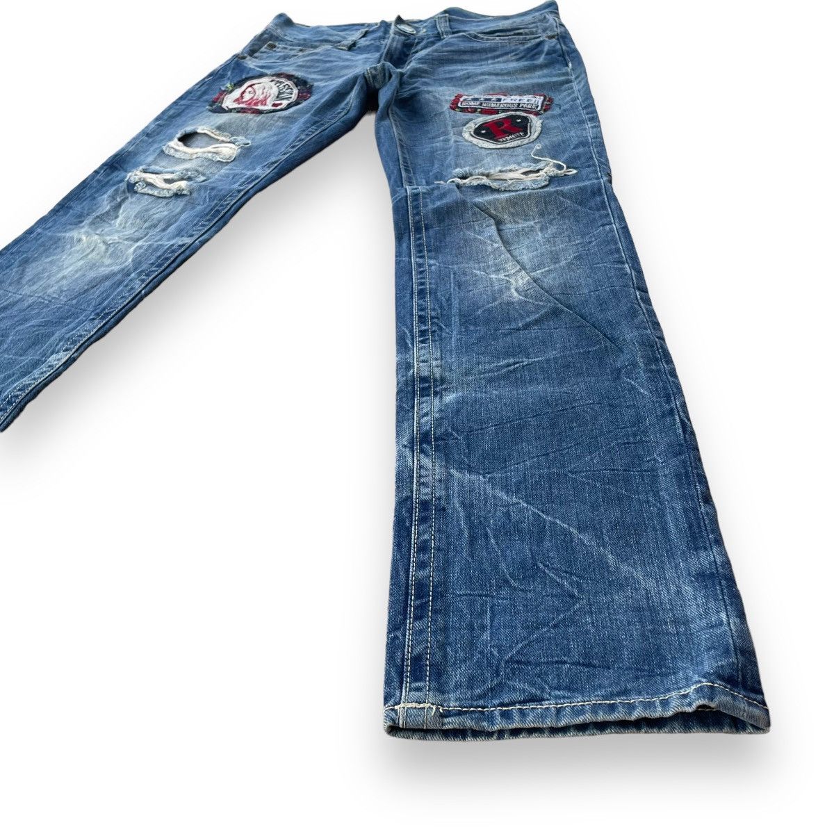 Beauty Beast 🇯🇵 SKY BOMBER PATCHWORK DISTRESSED WASHED DENIM PANTS Size 30" / US 8 / IT 44 - 4 Thumbnail