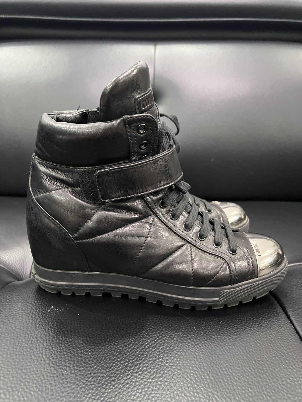 Miu Miu Miu Miu Metal Toe Lace-Up Wedge High-Top Boots Size US 7.5 / IT 37.5 - 3 Thumbnail