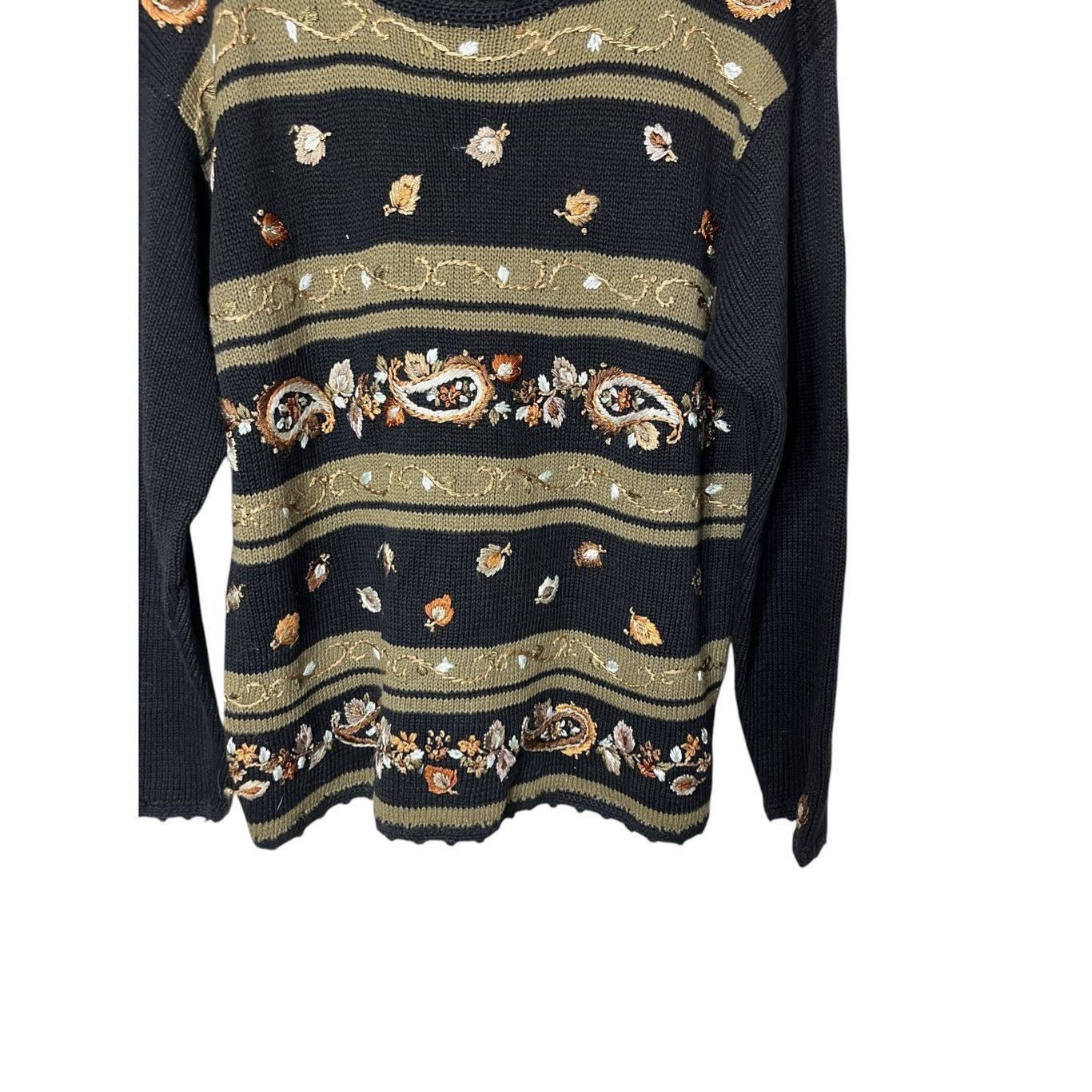 Other Vintage Jenny Black Gold Embroidered Paisley Leaf Sweater Si Size L / US 10 / IT 46 - 3 Thumbnail