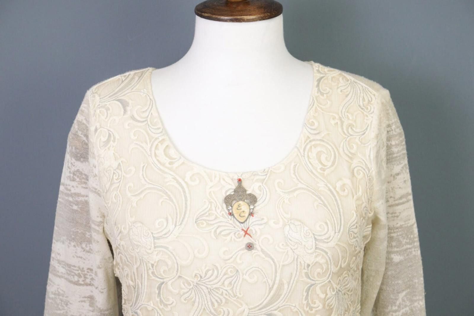 Designer Elisa Cavaletti Sono Italiano Beige Jasquard Blouse Top Size M / US 6-8 / IT 42-44 - 4 Thumbnail