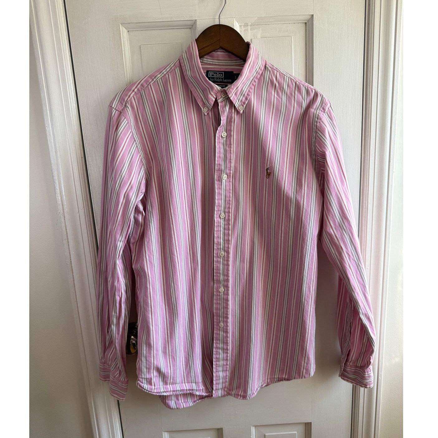 Vintage Polo Ralph Lauren Pink Striped Button Down Lg Preppy