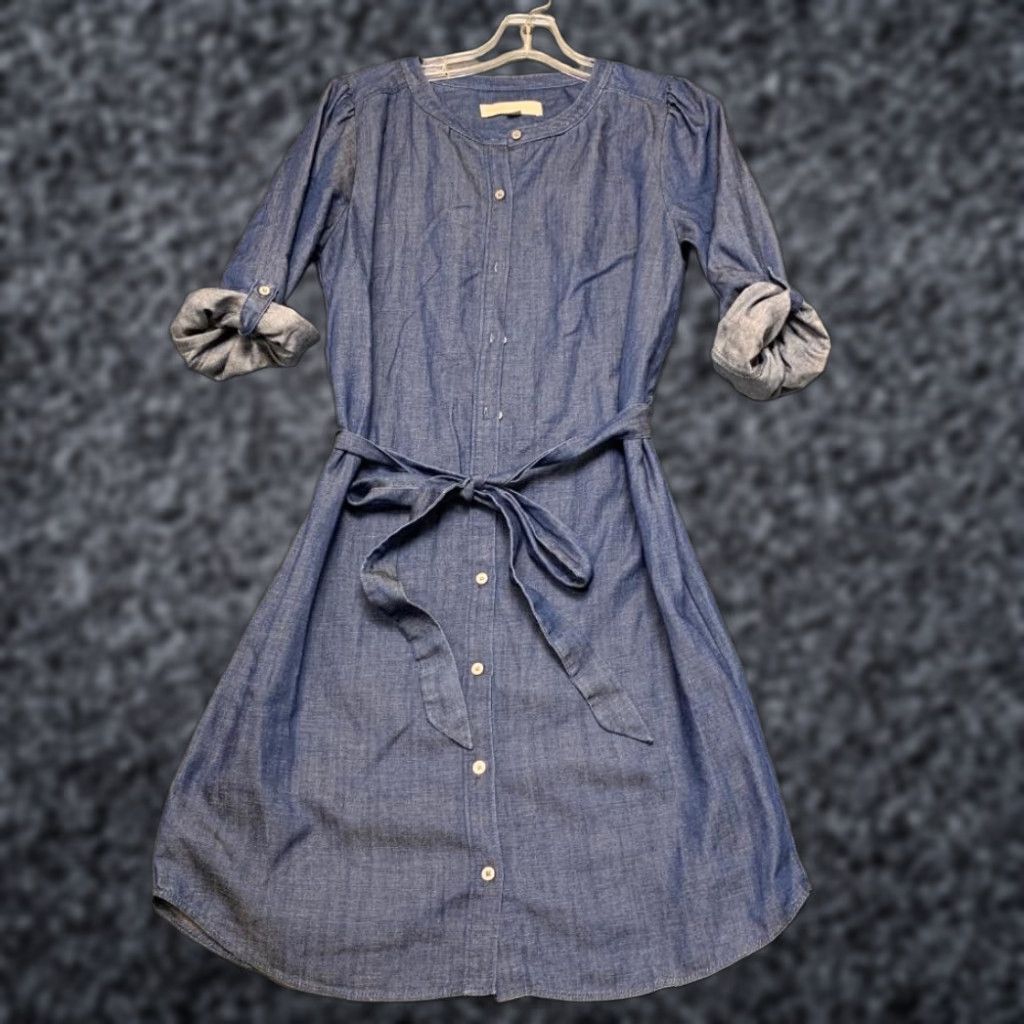 Loft VINTAGE Loft Shirt Dress Women S Blue Denim Pleated Tie Waist Round Neck Roll Tab Sleeve Size S / US 4 / IT 40 - 1 Thumbnail