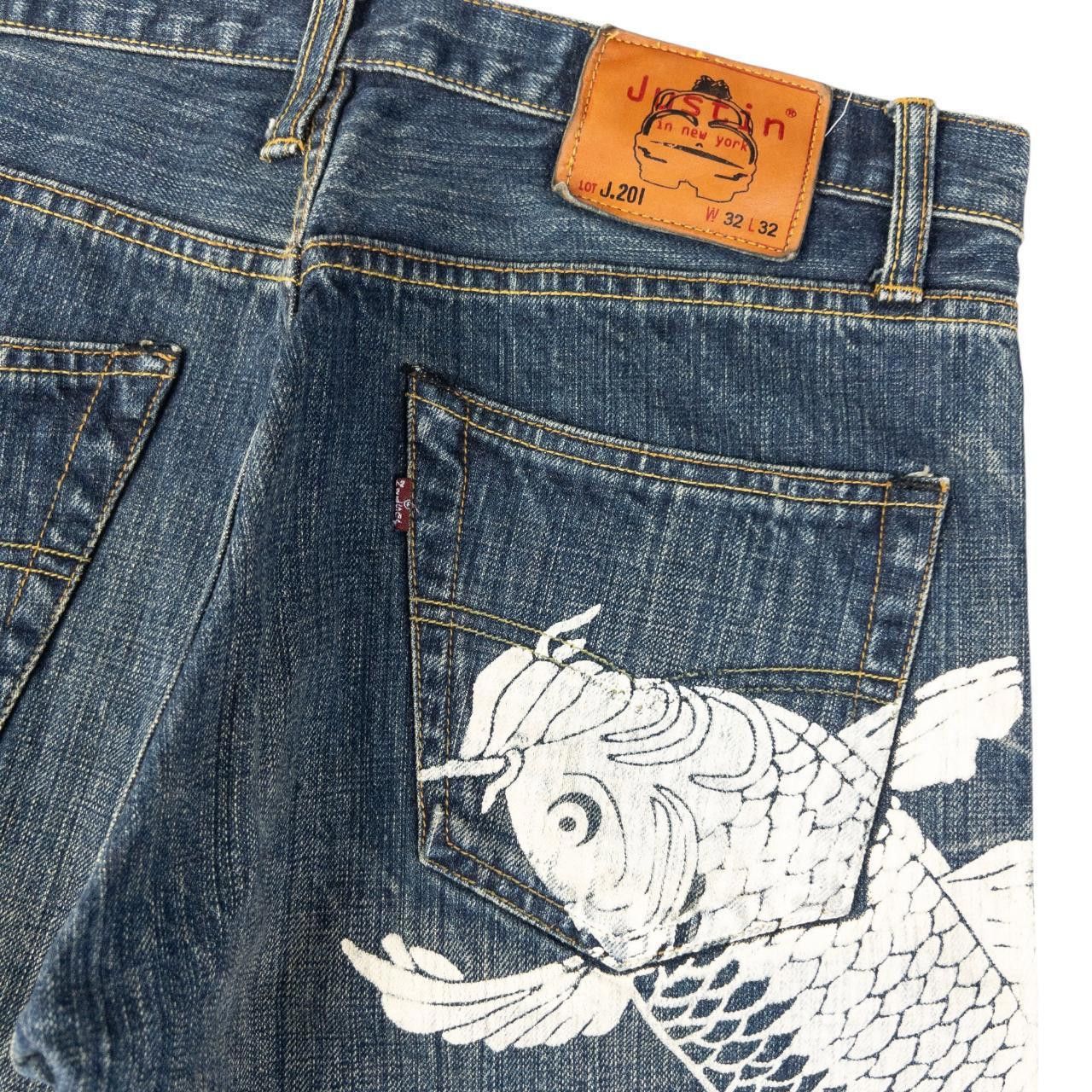 Designer Vintage Koi Fish Denim Jeans Size W33 Size US 33 - 6 Thumbnail