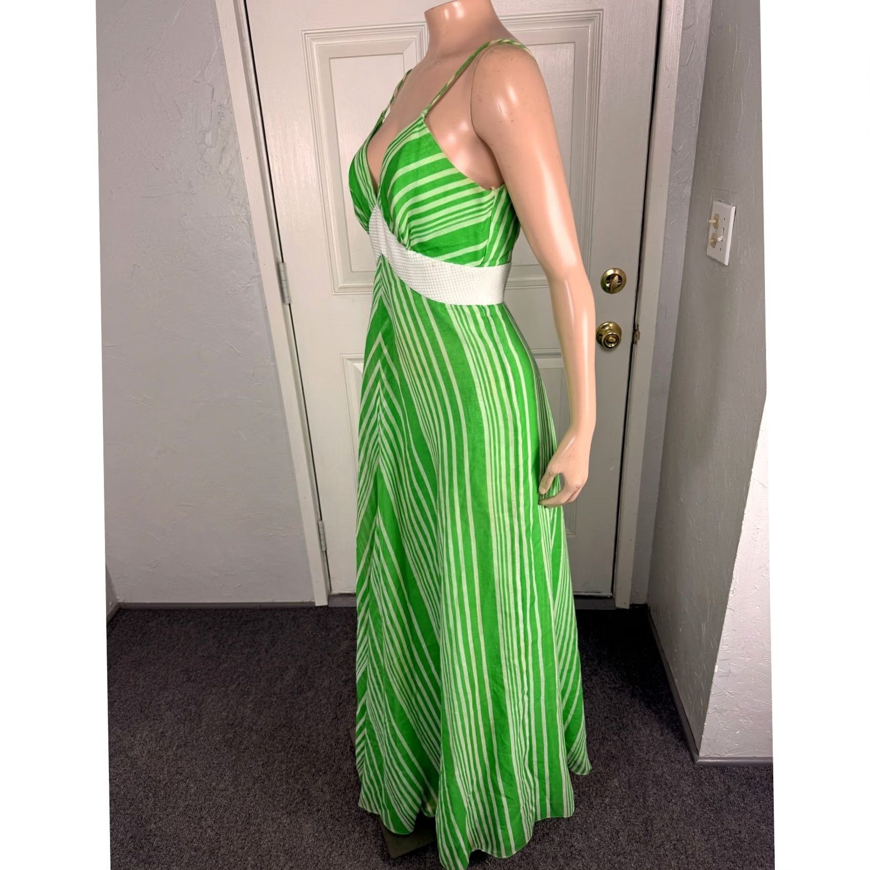 Vintage VINTAGE 1970s Women's Maxi Dress Cotton Polyester Green 10 S Striped V neck Party K3-21 Size S / US 4 / IT 40 - 6 Thumbnail