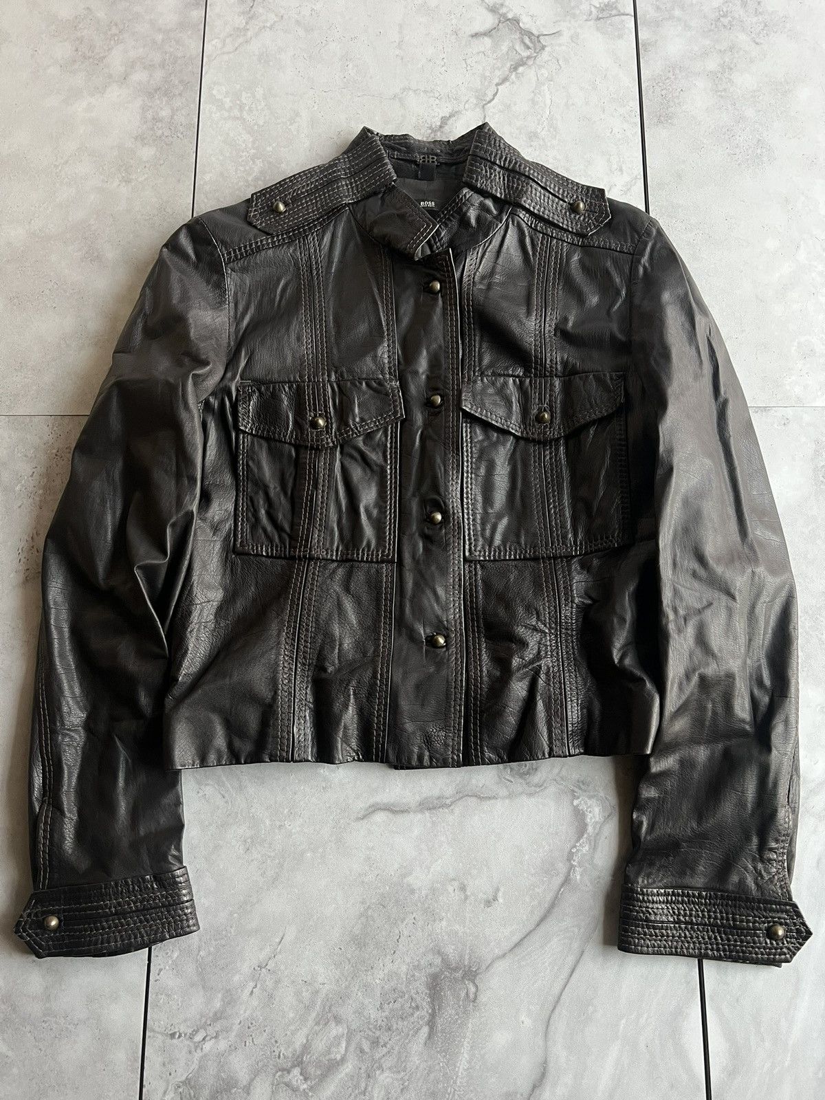 Hugo Boss 2000’s Hugo Boss Calf Leather Studded Military Jacket Size S / US 4 / IT 40 - 1 Thumbnail