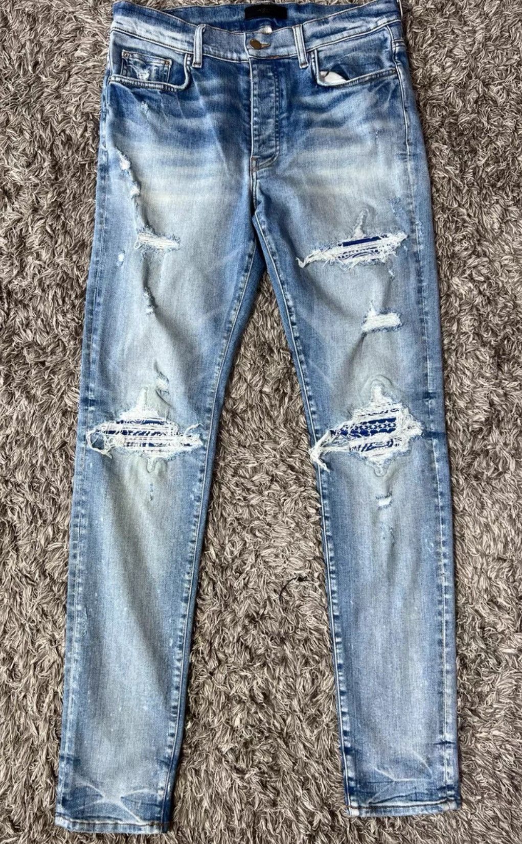 image of Amiri Blue Cashew Flower Knife Cuts Holes In Jeans, Men's (Size 34)