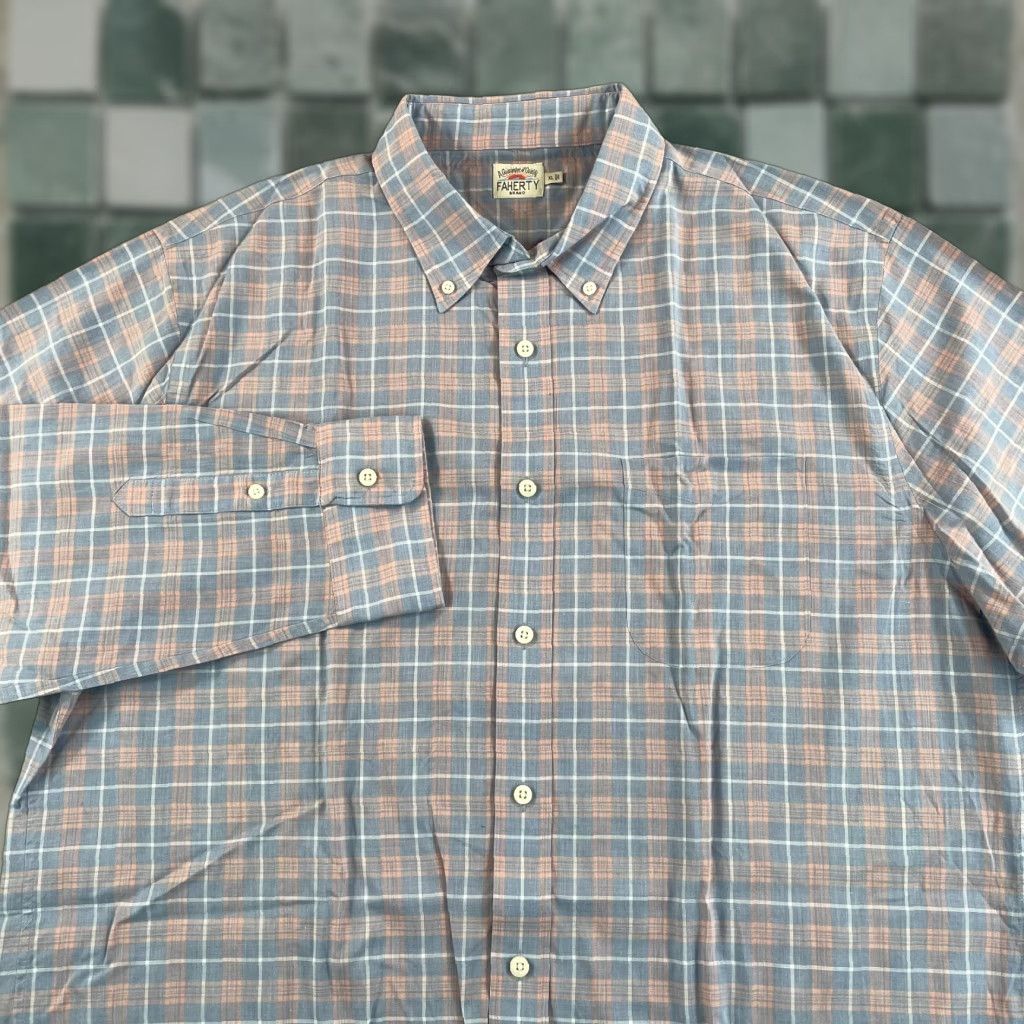 VINTAGE Faherty Movement Shirt Men XL Pink Blue Plaid Performance Long Sleeve NWOT 48