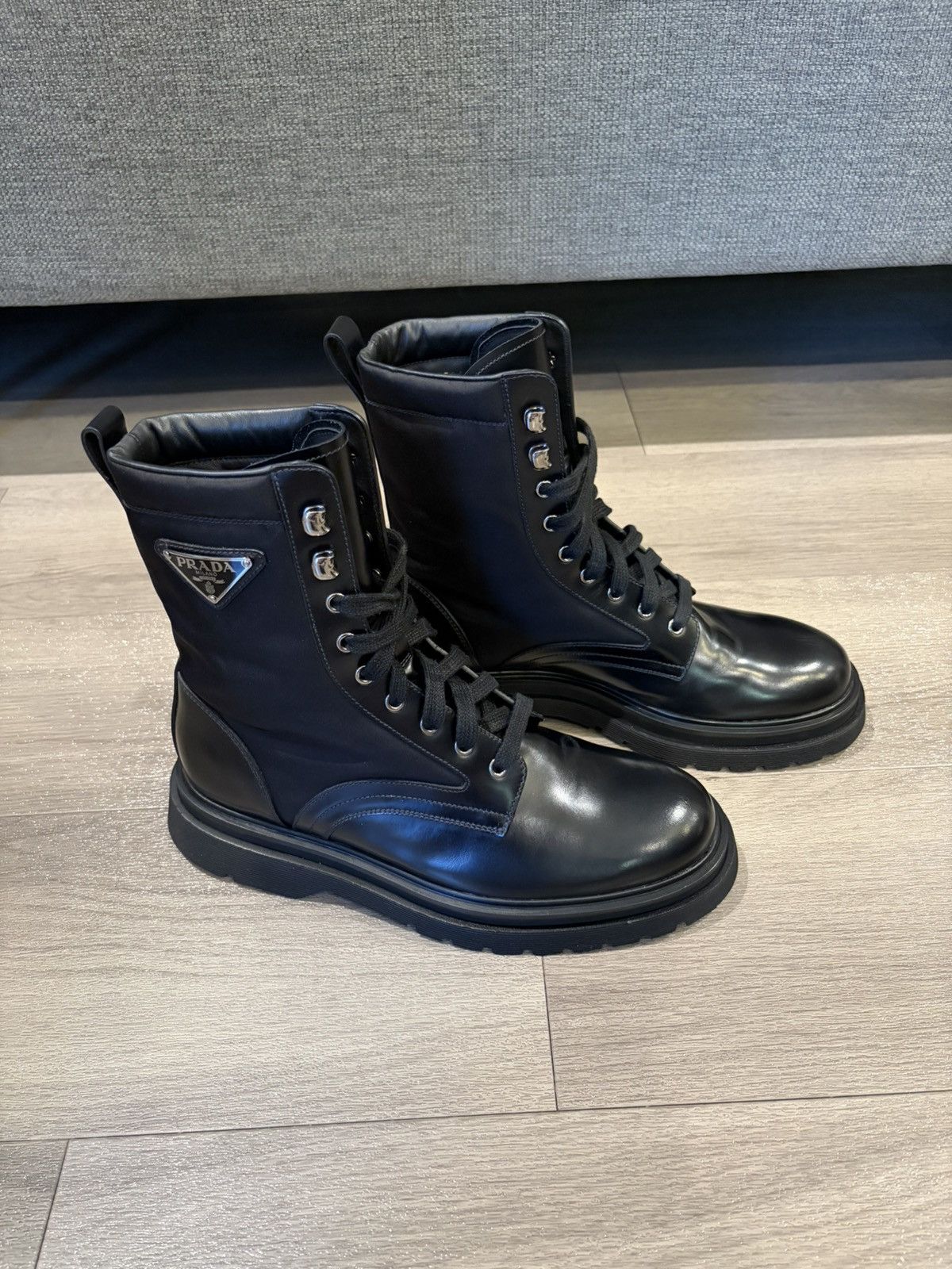 Prada Triangle logo combat boots in leather and nylon Size US 8 / EU 41 - 1 Thumbnail