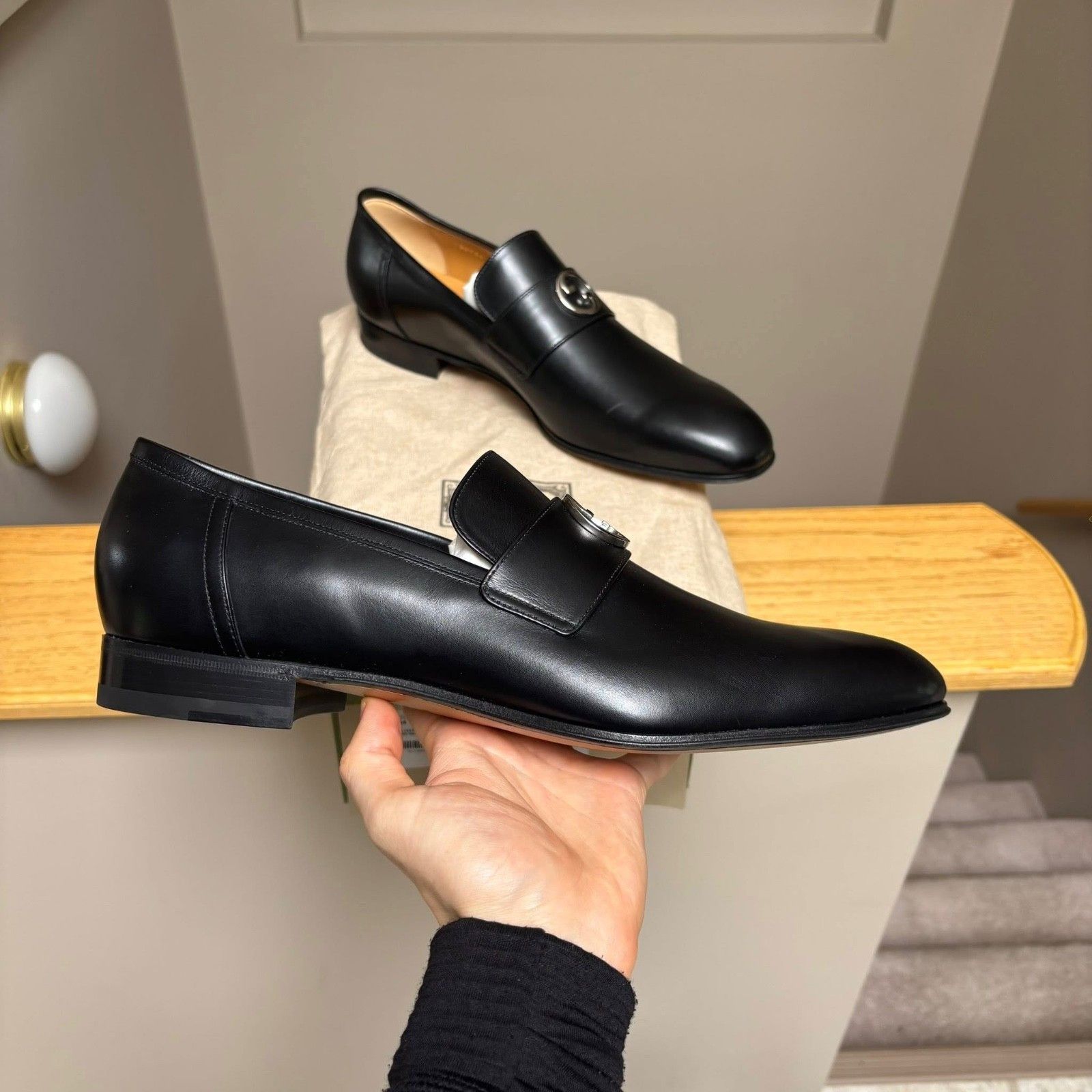 Gucci Gucci Black & Silver Interlock Leather Loafers - $1000- New Size US 14 / EU 47 - 2 Thumbnail