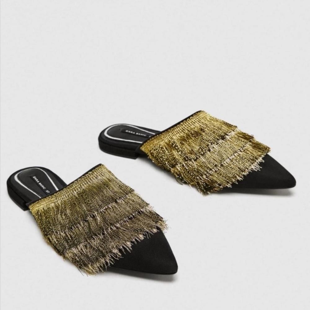 Zara Zara l Gold Fringe Pointed Toe Slip On Loafers Size 5.5/36 Size US 5.5 / IT 35.5 - 1 Thumbnail