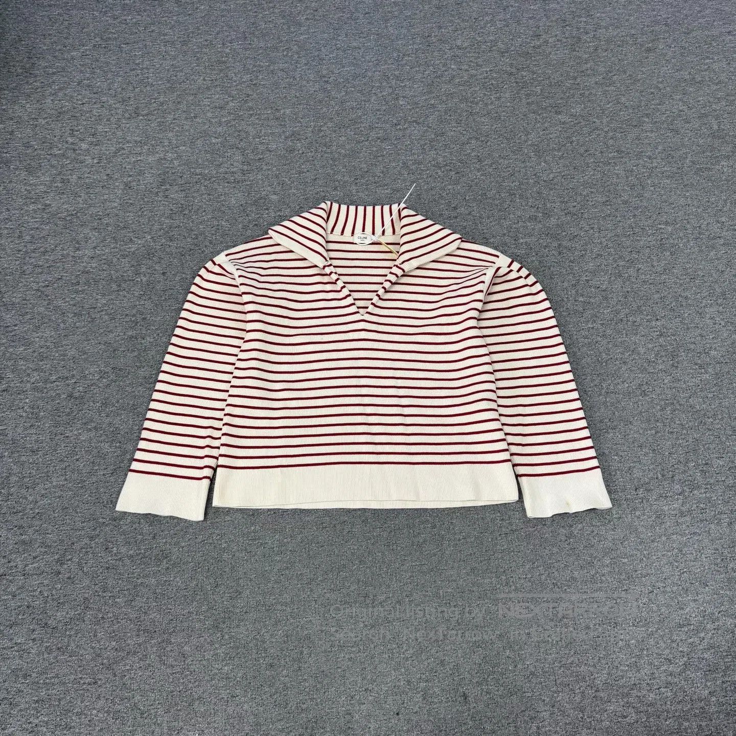 Celine CELINE Off-white with red stripes V-neck, short knit top| Size M / US 6-8 / IT 42-44 - 1 Thumbnail