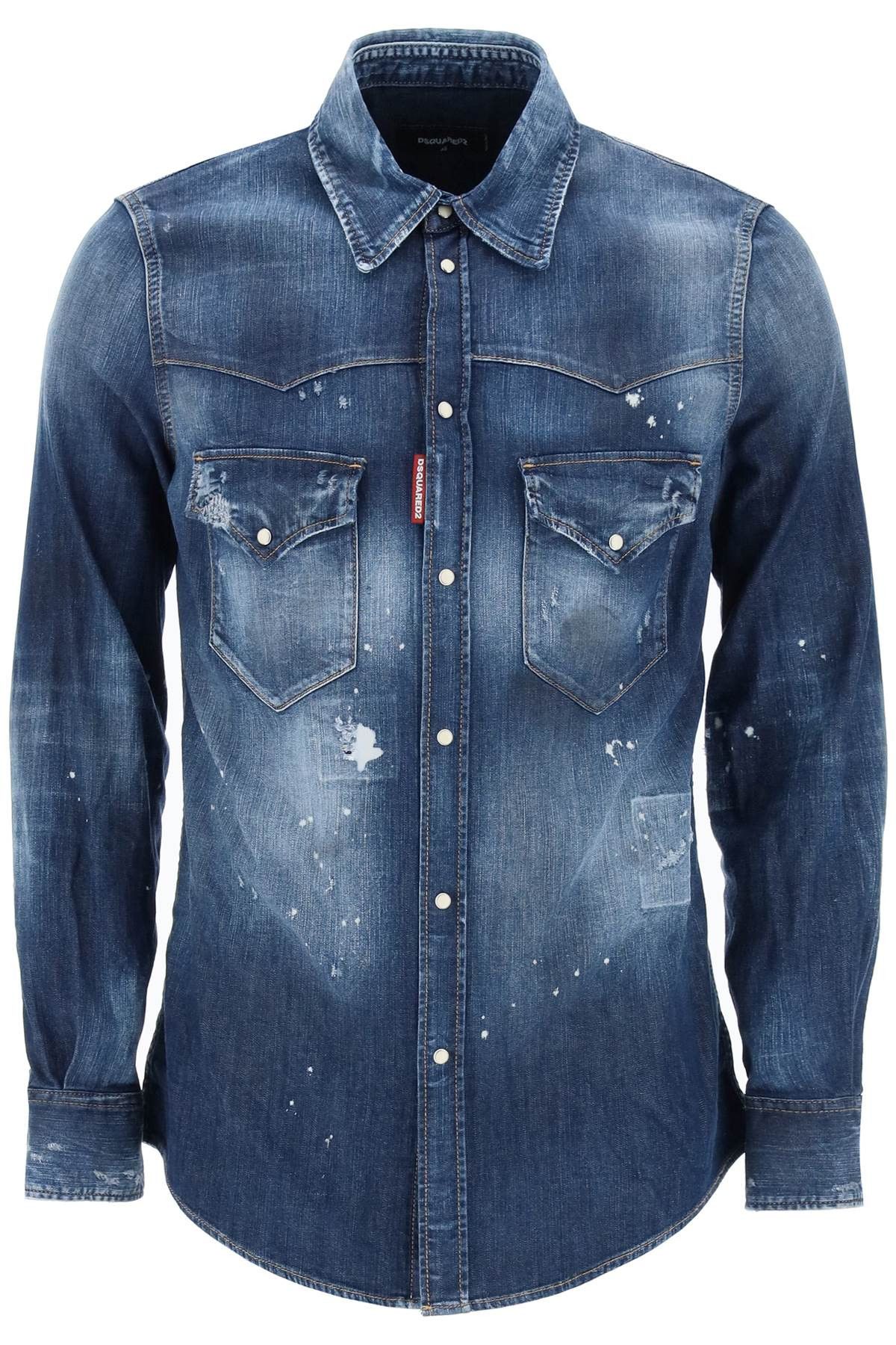 image of Dsquared2 Western Shirt In Used Denim in Navy Blue, Men's (Size Large)