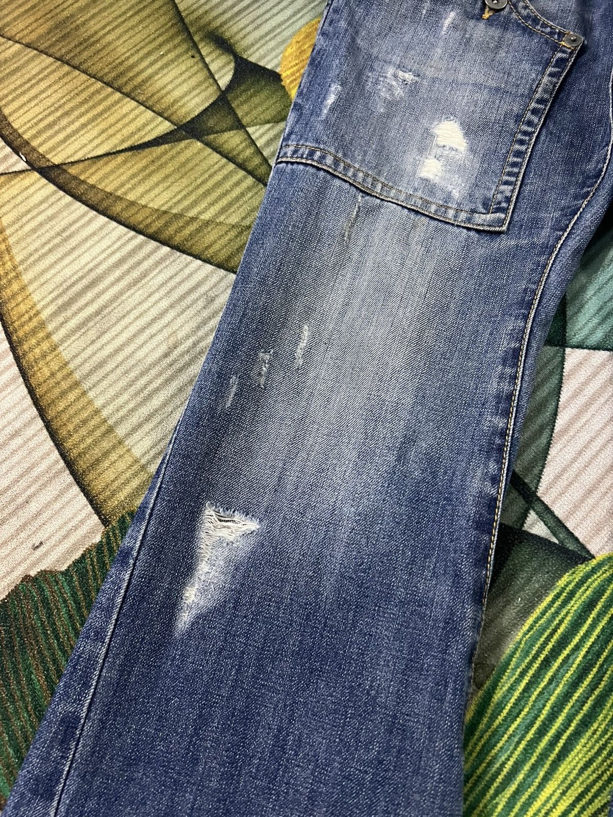 Japanese Brand 💥Twist Leg💥Purple & Yellow Distress Backle Back Flare Jean Size US 31 - 10 Thumbnail