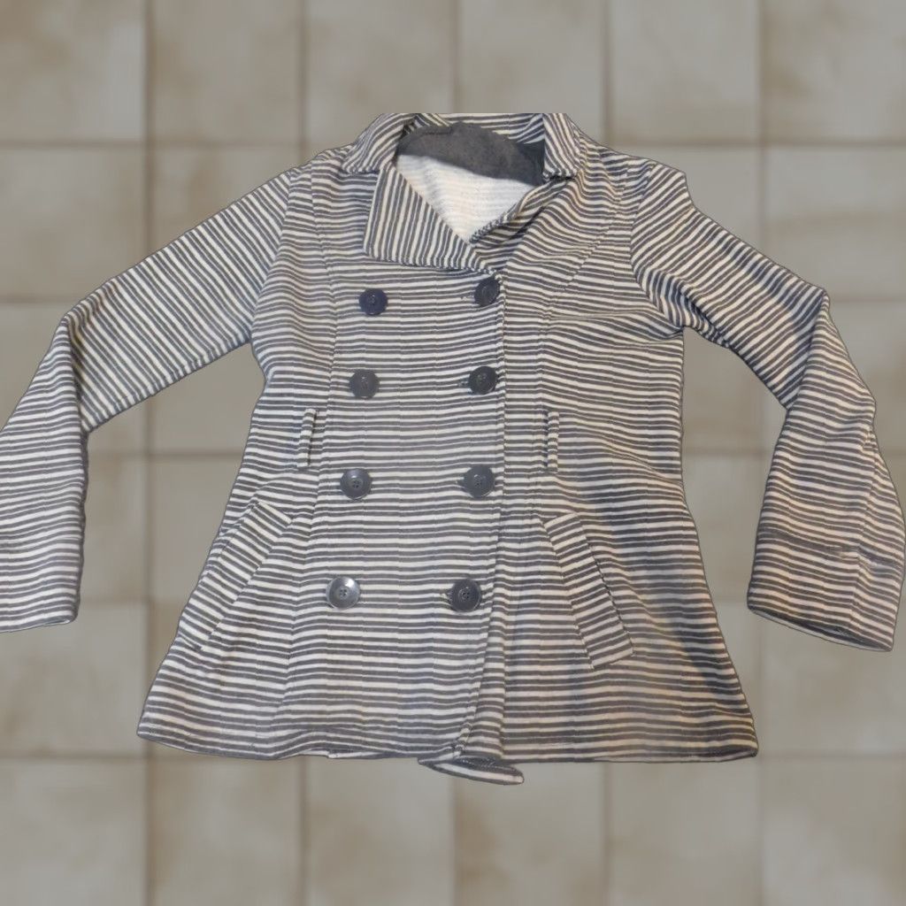 Merona Merona Womens Pea Coat Small Gray Striped Jacket Coat Knit Cotton Blend Button Zip Collared Winter Casual Petite Womens Mens? Wait. Size S / US 4 / IT 40 - 1 Thumbnail