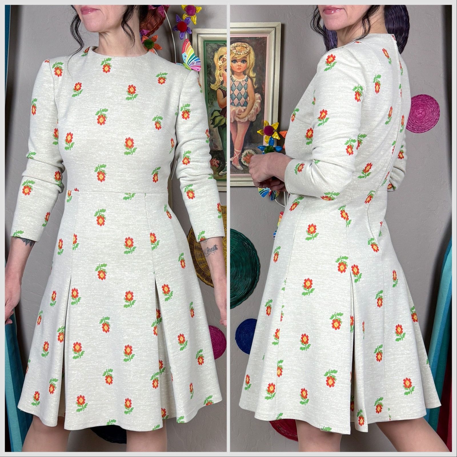 Handmade × Vintage Vintage 1970s Beige Floral Long Sleeve Pleated Skater Dress Size XS / US 0-2 / IT 36-38 - 3 Thumbnail