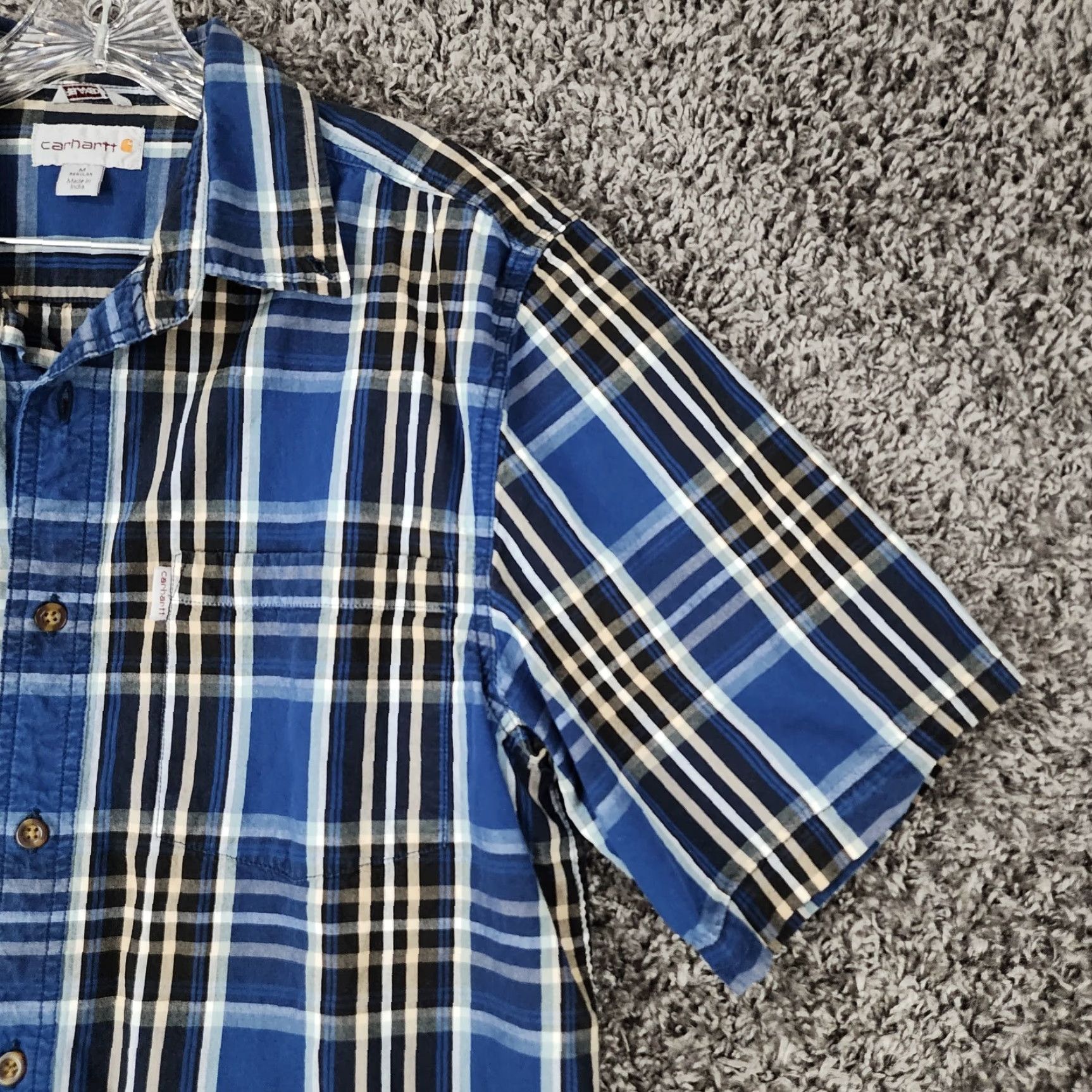 Carhartt VINTAGE Carhartt Shirt Plaid Short Sleeve Button-Up Mens M Blue Relaxed Fit Size US 31 - 2 Thumbnail