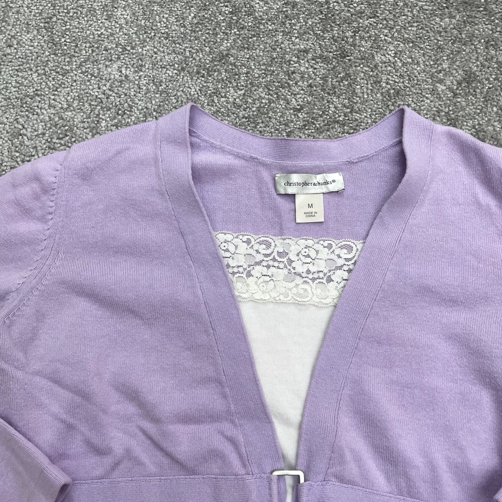 Vintage Christopher & Banks Cardigan Sweater Womens Medium Purple Knit Casual Lace Solid 100% Cotton - Fall Spring - Regular Size M Womens Size M / US 6-8 / IT 42-44 - 3 Thumbnail