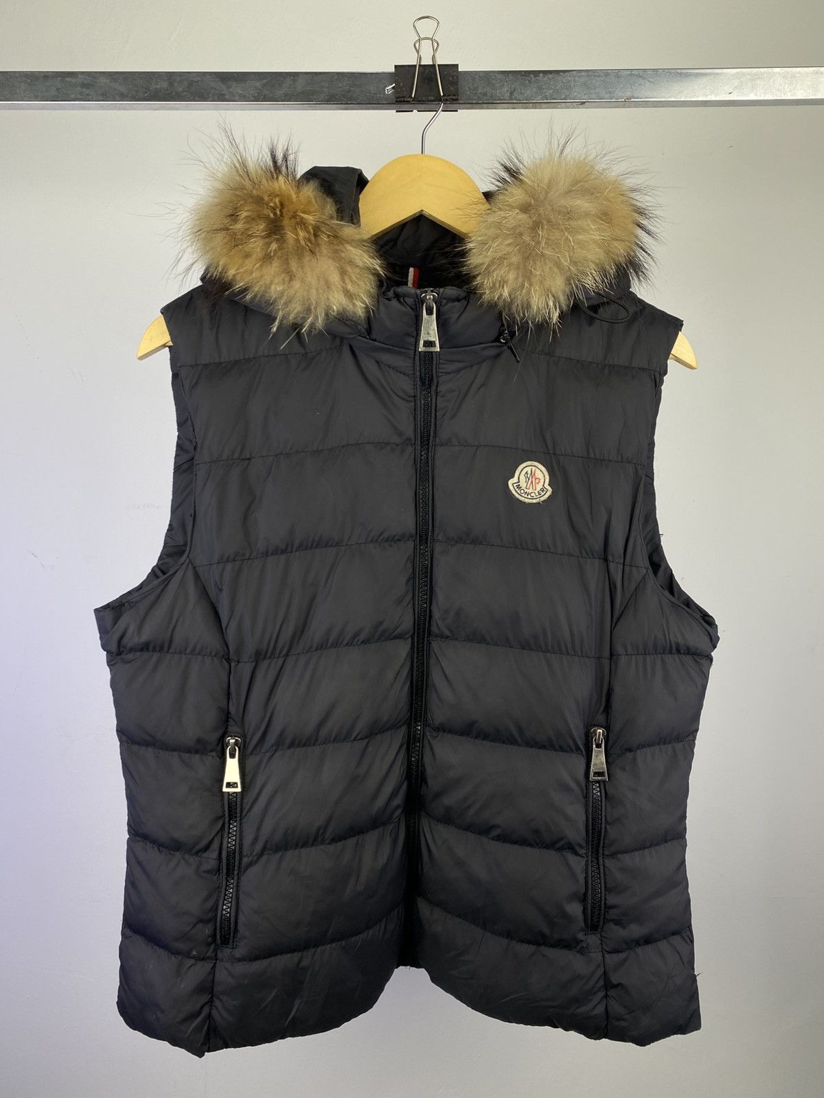 Moncler Fur Hood Down Vest Black Size 4 Gilet