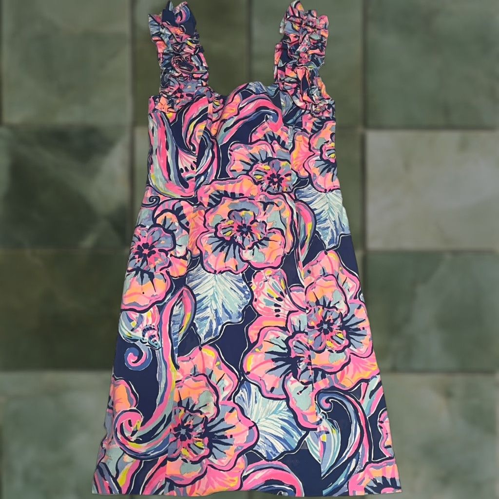 Lilly Pulitzer Lilly Pulitzer Devina Stretch Dress Mini Multicolor Floral Ruffles Zip 00 Womens Short Cotton Shirt? Size XXS / US 00 / IT 34 - 1 Thumbnail