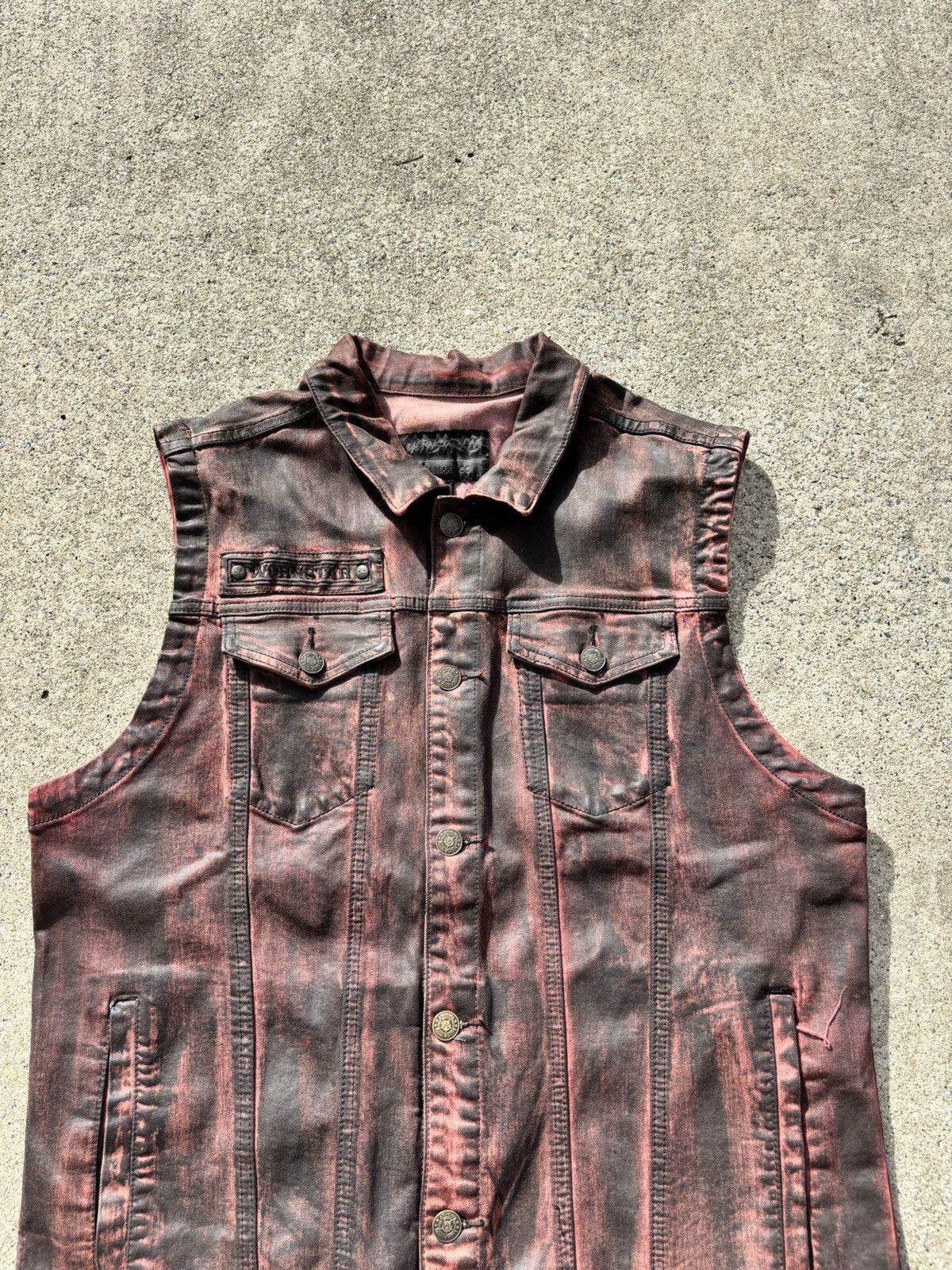 Vintage Wornstar Idolmaker CC Washed Acid Maroon Leather Biker Vest Size US L / EU 52-54 / 3 - 2 Thumbnail