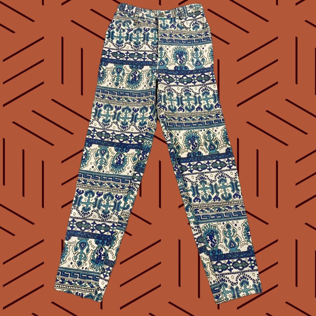 Vintage VTG JeanJer Jeans Women Juniors 25" Waist 28.5" Inseam Blue 80s Tribal Pattern Tapered Jeans Size 5/6 Size 27" / US 4 / IT 40 - 1 Thumbnail